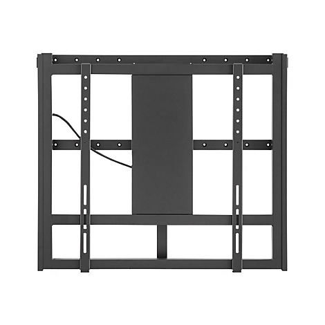 Schwarze TV-Halterung vor weißem Hintergrund. Metallrahmen mit Löchern und Kabeln.