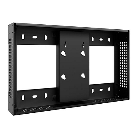 Schwarzer Wandhalter für Geräte. Rechteckiger Rahmen mit zwei großen Öffnungen, einer zentralen Halterung und Lochmustern.