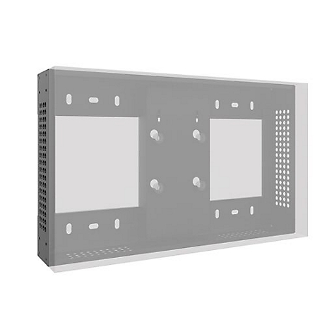 Grauer, rechteckiger Rahmen zur Wandmontage mit quadratischen Löchern und Lochreihen.