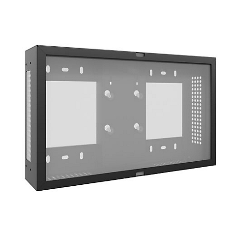 Schwarzer Wand-TV-Schrank, mit durchsichtiger Front. Innenliegend zwei weisse Rechtecke. Auf der rechten Seite eine Reihe von Löchern.