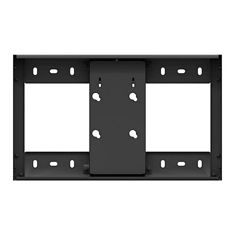 Schwarze TV-Wandhalterung, rechteckig, mit Löchern und einem zentralen Montagebereich.