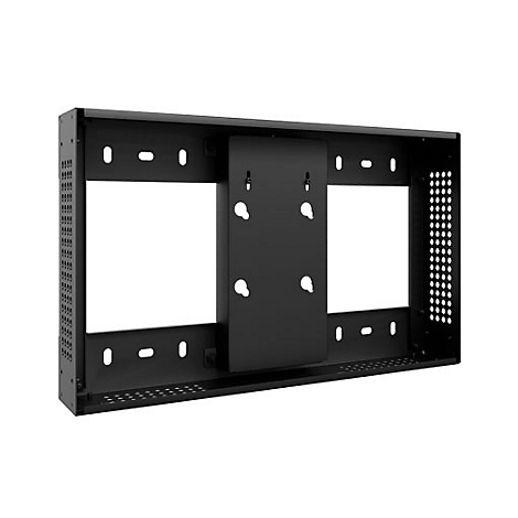Schwarzer Wandhalter für Geräte, rechteckig, mit Löchern und einem zentralen Montageblech.