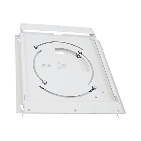 Weißes, rechteckiges Metallgestell mit Schrauben und Aussparungen, vermutlich zur Montage.