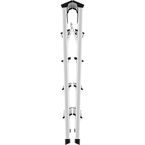 Image verticale abstraite, deux colonnes blanches reliées par des connexions croisées métalliques, divers rectangles noirs.
