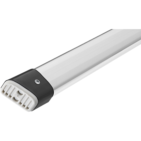 Gros plan d'un tube rectangulaire blanc avec une pièce d'extrémité noire et un profil blanc. Un petit rivet argenté est visible.