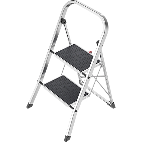 Folding, silver-colored stepladder with two black steps and a curved handle.