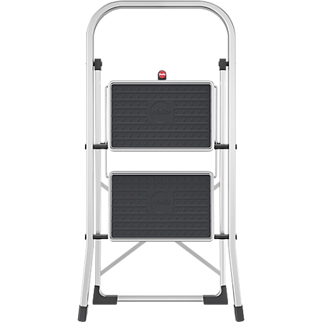 Grey stepladder with two steps. A red button is between the steps.