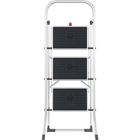 Foldable silver stepladder with three black steps, red joint and a sturdy handle.