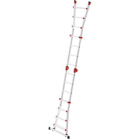 Échelle en aluminium gris avec joints rouges et pieds en caoutchouc noirs.