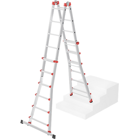 Échelle extensible argentée avec des touches de rouge. Elle se tient sur un escalier blanc.