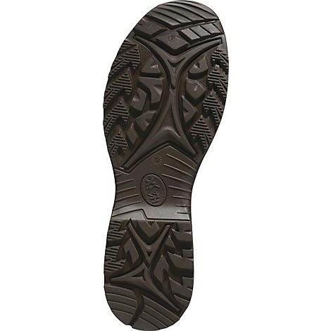 Close-up van de zool van een bruine wandelschoen met diep profiel. De zool toont verschillende patronen en het logo.