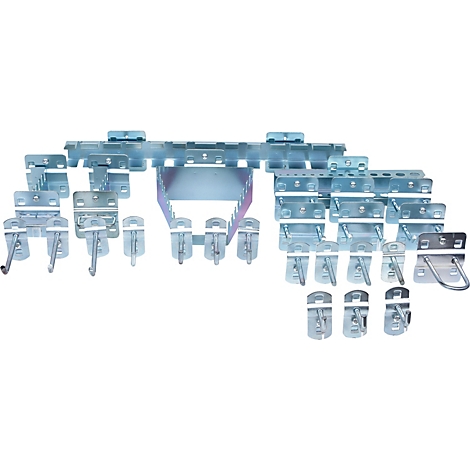 Eine Anordnung aus Metallhaken und Halterungen in verschiedenen Größen und Formen, vermutlich für eine Werkzeugaufhängung.