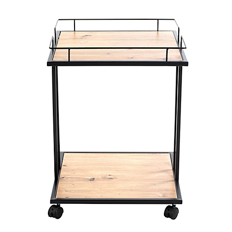 Beistelltisch mit zwei Ebenen, Holzoptik. Schwarzes Metallgestell, Rollen.