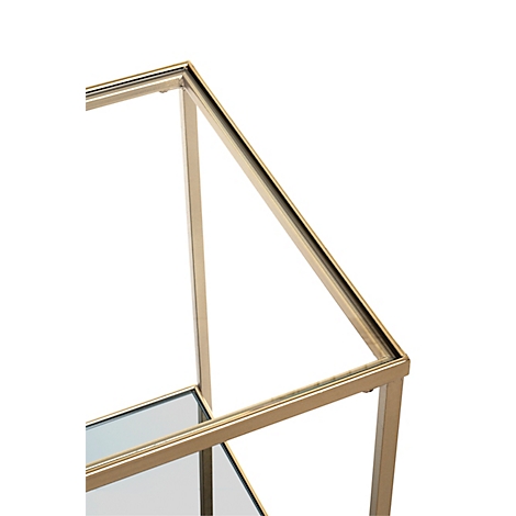 Detailaufnahme eines goldenen, rechteckigen Metallrahmens mit Glasplatten. Der Rahmen ist modern und elegant.