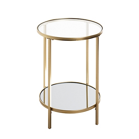 Goldfarbener Beistelltisch mit zwei runden Glasplatten und Metallrahmen. Durchmesser 39 cm, Höhe 55 cm.