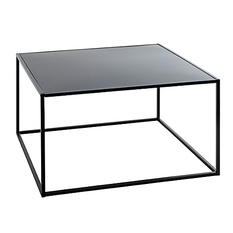 Vierkante salontafel, zwart glazen blad, metalen frame.