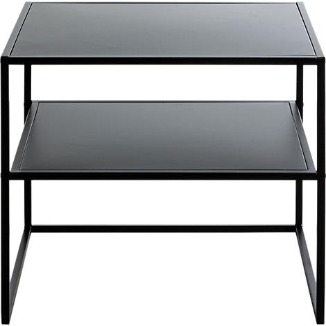 Zwarte bijzettafel met twee niveaus. Het frame en de planken zijn zwart.