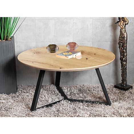 Table basse ronde avec un plateau en bois et une structure en métal noir.