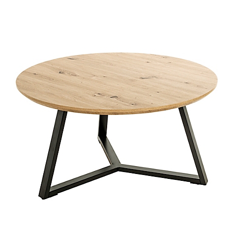 Table basse ronde avec plateau en bois et cadre en métal noir.