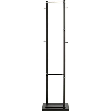 Zwart kledingrek met twee horizontale stangen en een voet. Metalen frame met schroeven.