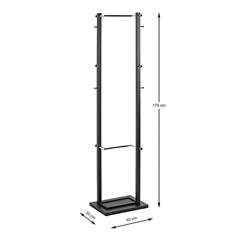 Zwarte kapstok met haken en plank, afmetingen: 175 cm hoog, 40 cm breed, 30 cm diep.