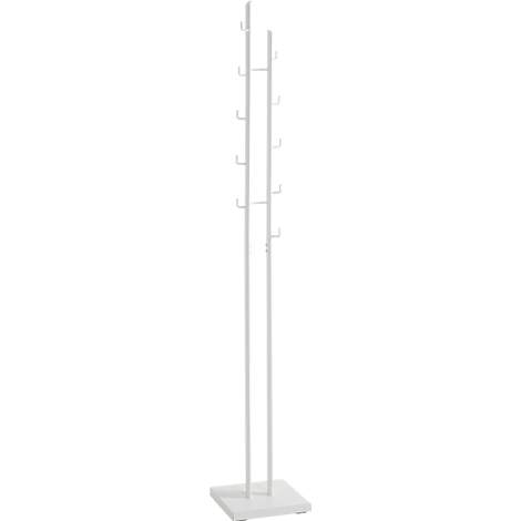 Een vrijstaande, witte kledingrek. Rechte, verticale palen met haken om kleding op te hangen.