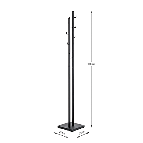 Zwarte kapstok, met haken, op een vierkante basis, met afmetingen van 29 cm x 29 cm en 176 cm hoog.
