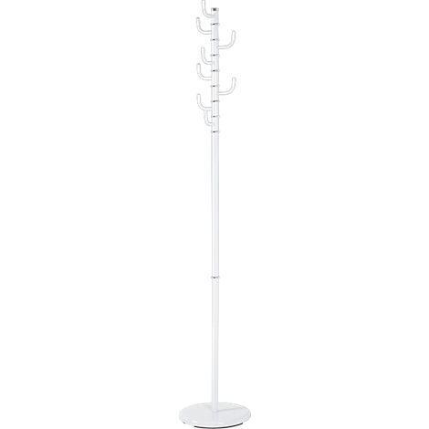 Een witte kapstok tegen een neutrale achtergrond. Het heeft een ronde basis, een slank middengedeelte en afgeronde haken.