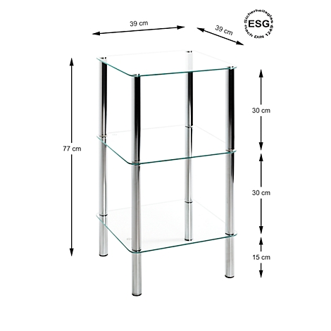 Drietraps bijzettafel met vierkante glazen planken en zilveren poten. Afmetingen: 39x39x77 cm.