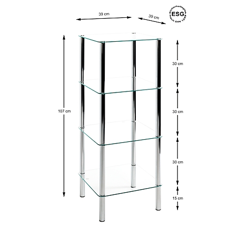 Glazen plank met 4 niveaus, verchroomde kolommen. Afmetingen: 39cm x 39cm x 107cm. ESG-zegel.