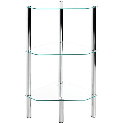 Hoekrek met drie glazen planken en chromen pilaren. De planken zijn driehoekig, het rek heeft een minimalistische uitstraling.