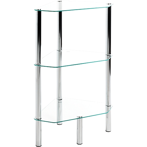 Hoekrek met drie glazen planken en een verchroomd frame. Driehoekige glazen platen die op verticale, cilindrische chroombuizen rusten.
