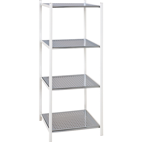 Rek met vier grijze planken en een wit frame, gedetailleerd geperforeerd.