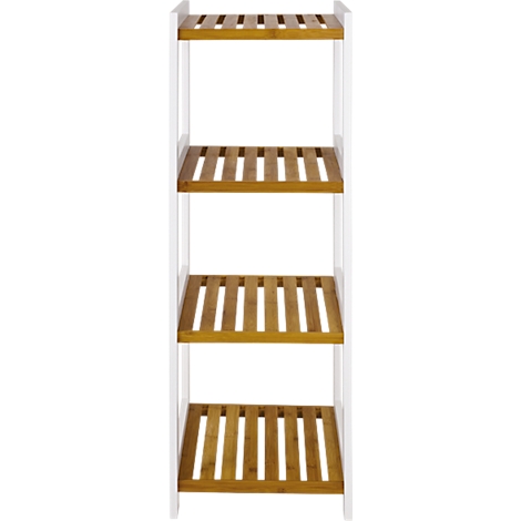 Bamboe plankenrek met vier niveaus, wit frame en lichtbruine planken.
