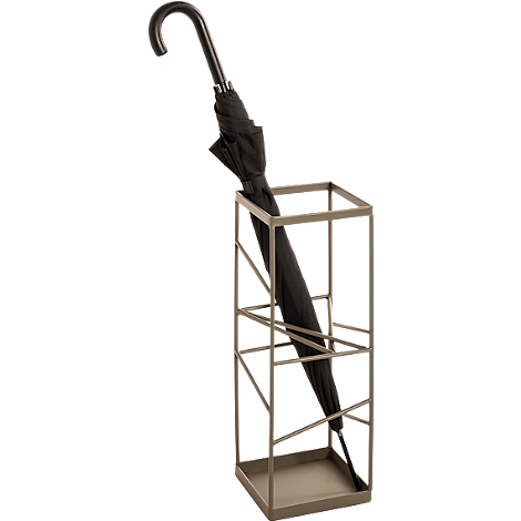 Zwarte paraplu in een vierkante metalen standaard met een vierkante basis.