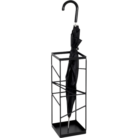 Zwarte paraplu in houder, metalen frame.
