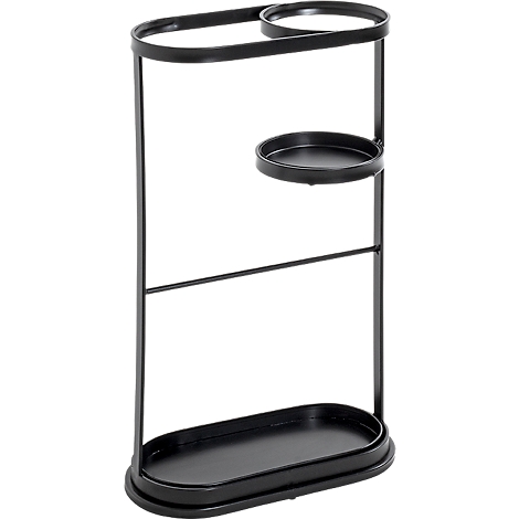 Zwarte metalen paraplubak met ovale en ronde planken.