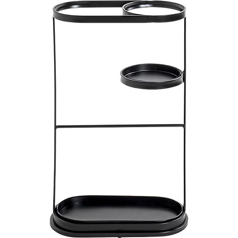 Zwarte metalen paraplubak met ovale basis, een plank en een ring aan de bovenkant.