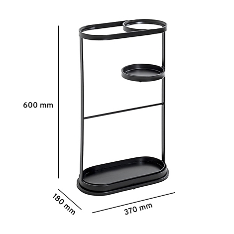 Zwarte parapluhouder. Ovale basis, plank, ring en bovenste houder. Afmetingen: 600 x 370 x 180 mm.