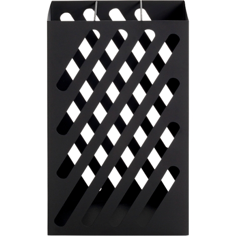 Zwarte pennenhouder met diagonale witte strepen. Bovenin zitten drie metalen houders.