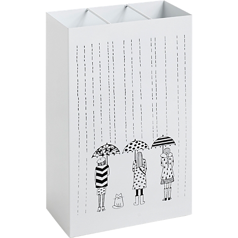 Witte pennenhouder met tekening: vrouwen met paraplu's in de regen.