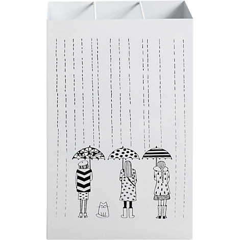 Drie meisjes met paraplu's op een witte pennenhouder. Een kat zit in de regen.