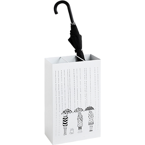 Witte paraplubak met regenmotief, met daarin een zwarte paraplu. Illustratie van drie mensen onder paraplu's.