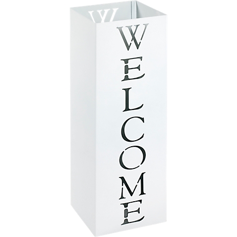 Witte, rechthoekige decoratieve container met "WELCOME" belettering.