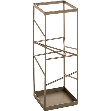 Un porte-parapluie en métal marron, autoportant, avec une base carrée et des barres transversales pour le renforcement.