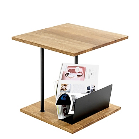 Vierkante houten bijzettafel met zwart frame en tijdschrifthouder.