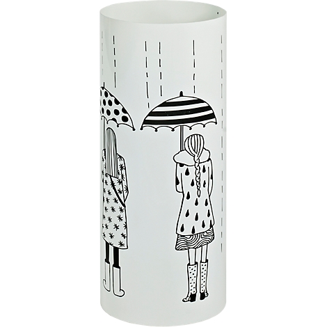 Zylinderförmige, weiße Vase mit schwarz-weißen Illustrationen: Regenschirm, Regen, zwei Frauen mit Regenschirm.