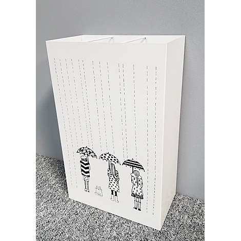 Weißer Papierkorb mit Regen- und Regenschirm-Illustrationen. Drei Personen unter Schirmen, Regen fällt. Grau melierter Boden.