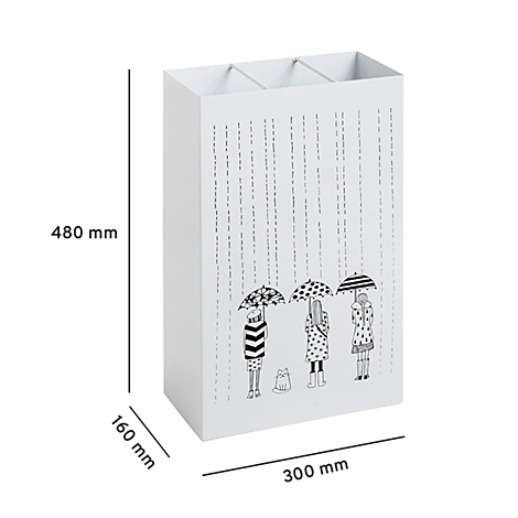 Weißes Stifte-Aufbewahrungsbox mit Regenmotiv und Figuren mit Schirmen. Maße 480x300x160mm.