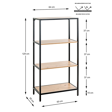 Rek met zwart metalen frame en houten planken, voorzien van afmetingen.